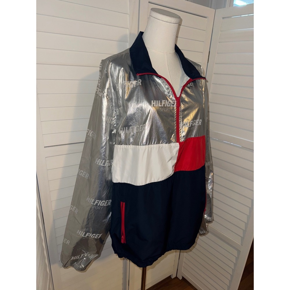 Tommy Hilfiger Sport Men Silver Metallic Colorblock Windbreaker Jacket LG - Picture 3 of 9